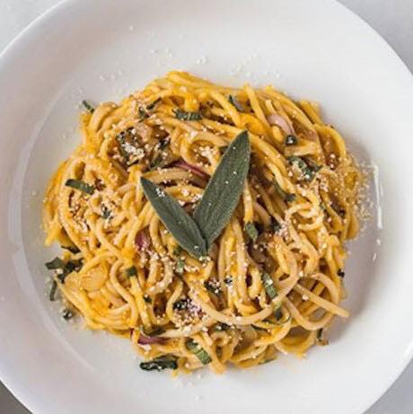 Pasta with mushroom-sage olive oil, fried sage leaves, and pecorino