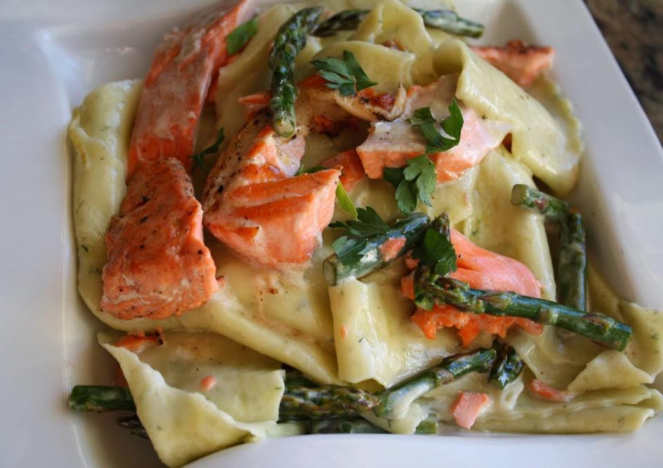 Grilled Wild Salmon and Asparagus in a Wild Fernleaf Dill Olive Oil and Lemon Cream Sauce over Dill infused Pappardelle