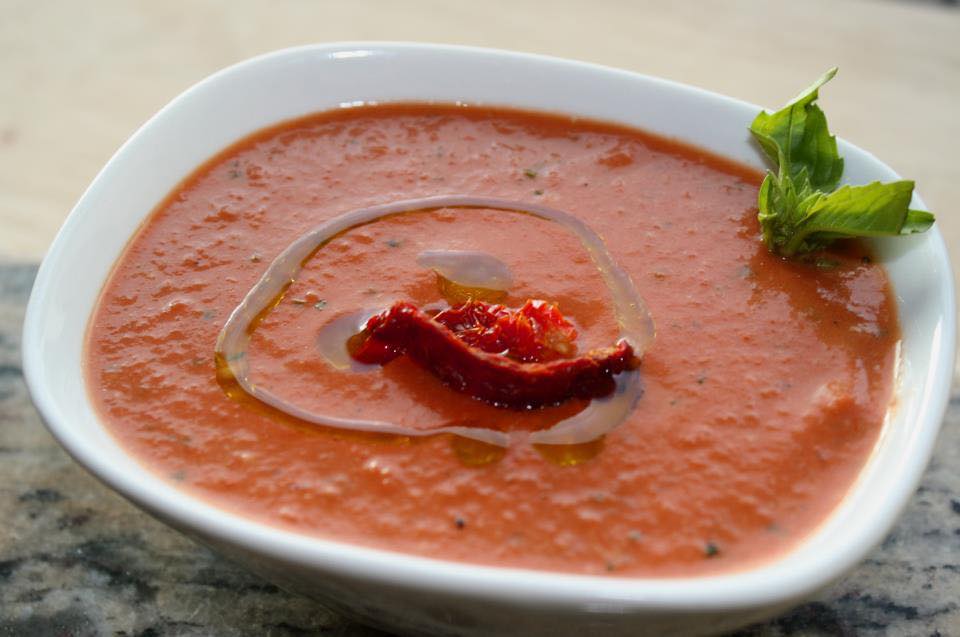 Cream of Roasted Red Pepper Soup with Tuscan Herb Olive Oil